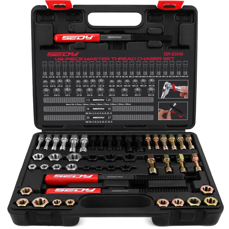 SEDY Thread Repair Thread Chaser Tool Set - 49PCS Thread Cleaner Rethreading Master Kit Metric SAE Bolt Restorer File Nut Rethreader Automotive Wheel Stud Spark Plug Engine Standard Screw Threading UNC UNF - Image 1